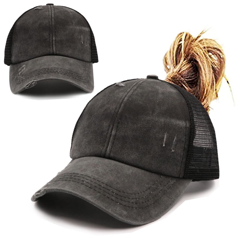 ProMindFun Womens Washed Distressed Cotton Baseball Caps High Messy Bun Ponytail Unconstructed Dad Hats Girls Sun Hat (02-Black) - Image 1
